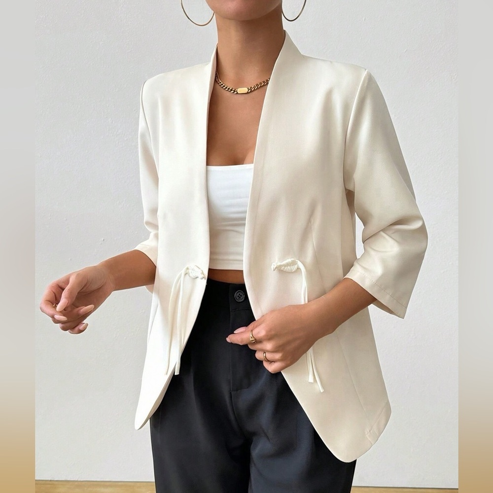 ♥️Hello Gorgeous! Milky White Tie-Front Open Blazer - Picture 2 of 9